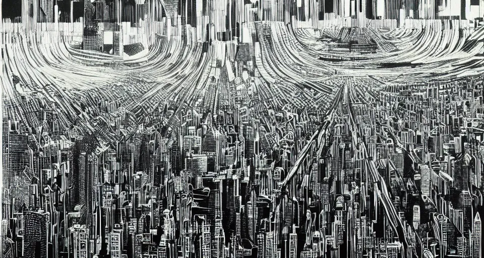 Prompt: view on futuristic city in the horizon, illustration by stanley donwood, detailed, sharp, masterpiece, 8 k