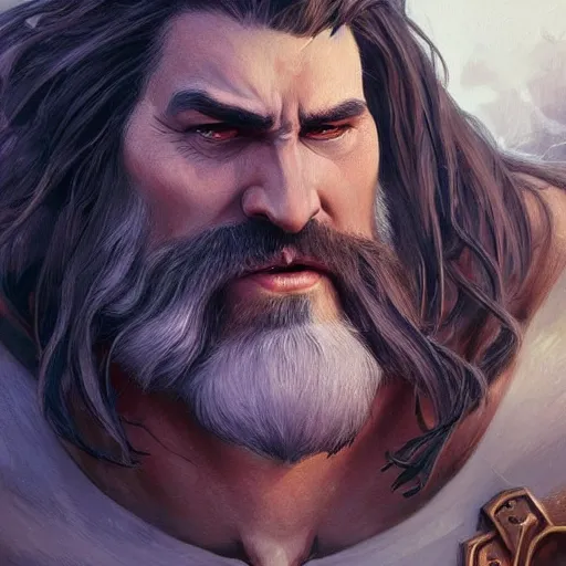 Image similar to dark fantasy character portrait of a huge muscular tall giant Reinhardt from Overwatch, long white hair and beard, a red scar over his left eye, intricate, wild, highly detailed, digital painting, artstation, upper body, concept art, smooth, sharp focus, illustration, art by artgerm and greg rutkowski and alphonse mucha