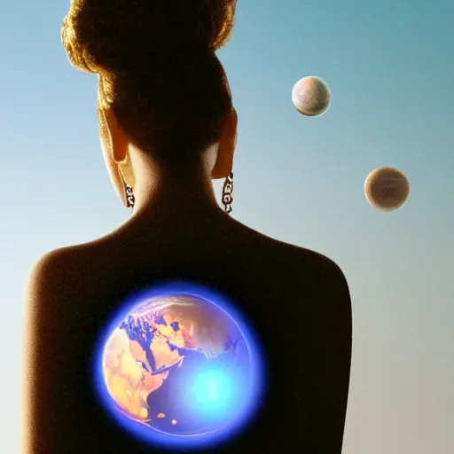 Prompt: a closeup of woman wearing neckless with a glowing planet Saturn as the pendant, in the style of a Pixar movie