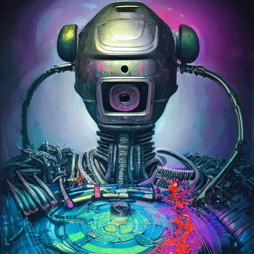 Prompt: low angle shot of a t A Robot With its head missing, gushing out oil from the hole, walking towards the viewer, neon color scheme, by Clive Barker , intricate, elegant, highly detailed, centered, digital painting, artstation, concept art, smooth, sharp focus, illustration, artgerm, Tomasz Alen Kopera, Peter Mohrbacher donato giancola, Joseph Christian Leyendecker, WLOP, Boris Vallejo.