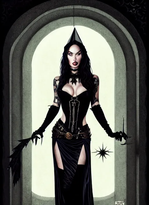 Prompt: megan fox witch queen, black eyes, blood, full body, intricate victorian dress, middle shot, cinematic lighting, studio quality, symmetrical eyes, artgerm, joshua middleton, rafael albuquerque, moody lighting, candles, art style by klimt, nixeu and ian sprigger and wlop and krenz cushart