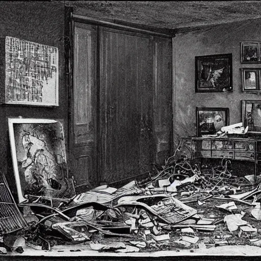 Image similar to The illustration shows a scene of total destruction. A room has been completely wrecked, with furniture overturned, belongings strewn about, and debris everywhere. The only thing left intact is a single photograph on the wall. This photograph is the only evidence of what the room once looked like. It shows a tidy, well-appointed space, with everything in its place. The contrast between the two images is stark, and it is clear that the destruction was complete and absolute. pear by Stuart Davis, by Arthur Boyd realistic