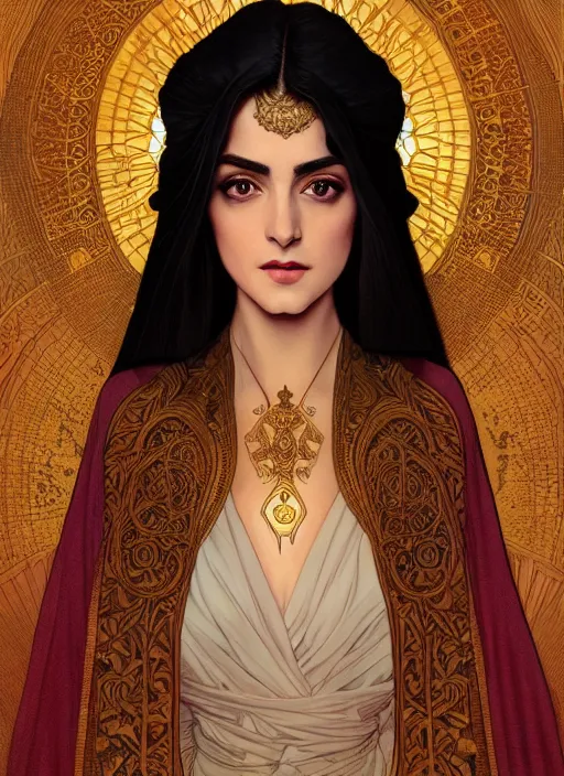 Prompt: centered portrait, Maya Ali as a D&D sorcerer, black hair, intricate robes, Art Nouveau, beautiful retro Fantasy heroine 1985, intricate, elegant, highly detailed, centered, digital painting, trending on artstation, concept art, smooth, sharp focus, illustration, art by Mucha, Ilya Kuvshinov, WLOP