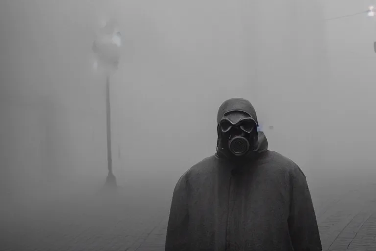 Image similar to street photography of man in gas mask sitting in a foggy alley By Emmanuel Lubezki