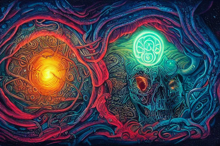 Image similar to a giant skull with deep and intricate rune carvings and glowing eyes with thick lovecraftian tentacles emerging from a space nebula by dan mumford, twirling smoke trail, a twisting vortex of dying galaxies, digital art, photorealistic, vivid colors, highly detailed, intricate