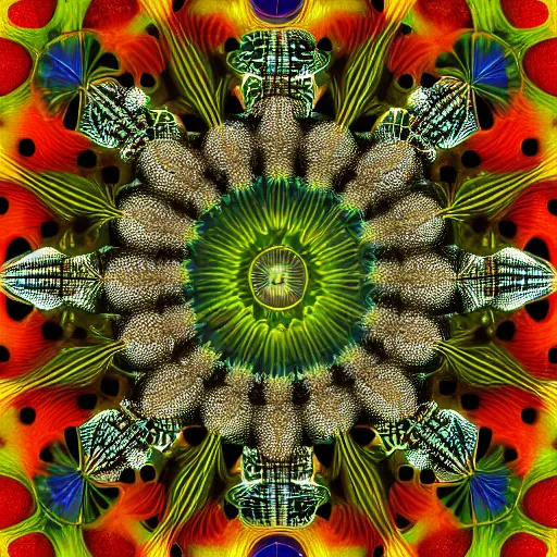 Prompt: radiolaria starburst mandelbulb fractal by Ernst Haeckel colorful geometric sharp vivid studio render