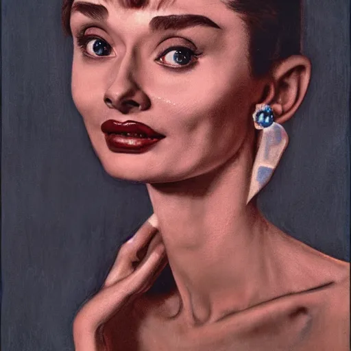 Image similar to audrey hepburn bathed in blue light and standing in a burgundy room looking vacant by arcimboldo, david lynch, greg rutkowski, mucha, dali, francis bacon, screenshot by jodorowsky, trending on artstation