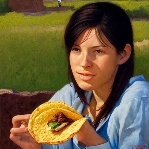 Prompt: portrait of a young woman eating a taco, by Ted Nasmith