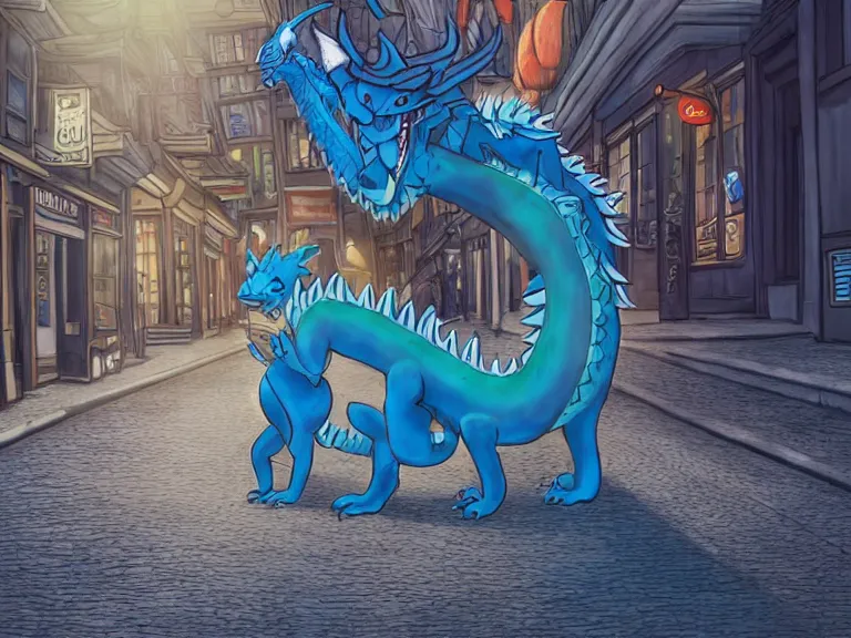 Image similar to Furry art of an anthropomorphic male blue dragon fursona going out on a romantic date with his anthropomorphic male dog boyfriend in Montreal, highly detailed, soft lighting, 4k