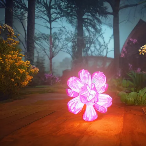 Image similar to diamond glowing flower, scary horror background, 8 k, super detailed, octane render, vfx, super realistic, unreal engine 5, cinematic