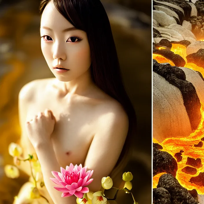 Image similar to Kodak Portra 400, 8K, soft light, volumetric lighting, highly detailed, Rena Nounen style 3/4 ,portrait photo of a Japanese ravishing Goddess by WLOP, the face emerges from a lava flowing gold travertine terraces with lotus flowers, inspired by Ophelia paint , a beautiful chic dress and hair are intricate with highly detailed realistic beautiful flowers , Realistic, Refined, Highly Detailed, ethereal lighting colors scheme, outdoor fine art photography, Hyper realistic, photo realistic