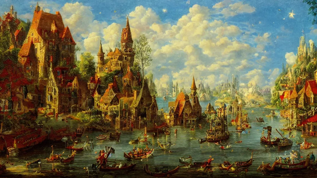 Image similar to an old enchanted fantasy town, viewed from the harbor, by jean - baptist monge,