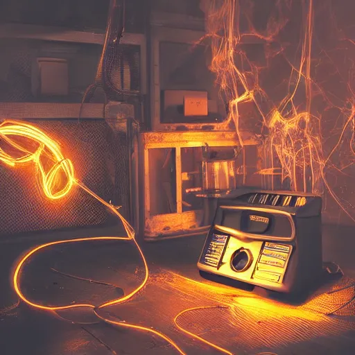 Image similar to smoothie blender, tangles of metallic cables, dark messy smoke - filled cluttered workshop, dark, dramatic lighting, orange tint, sparks, plasma charges, cinematic, highly detailed, sci - fi, futuristic, movie still