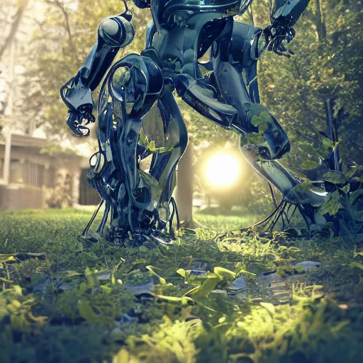 Image similar to beautiful overgrown foliage taking over an ( beautiful abandoned human - shaped robot body laying on the ground ), close - up, 3 5 mm, biopunk, bokeh, beautiful, lens flare, emotional, sweet, flowers, detailed, picture, trending on artstation, award - winning, shiny, golden, angle view, octane render