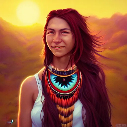 Image similar to in the style of artgerm and Andreas Rocha and Joshua Middleton, beautiful Native American young woman with long hair and red paint strip across eyes, smile on face, Symmetrical eyes symmetrical face, bead necklace, scenic prairie in background sunrise, natural lighting, warm colors