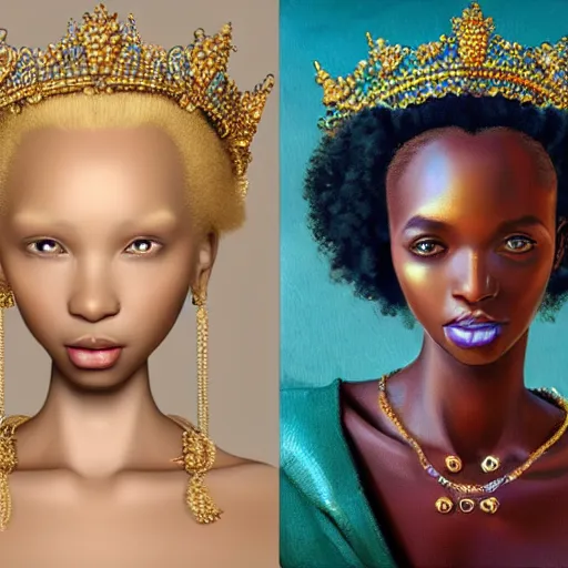 Image similar to A masterpiece portrait of a Incredibly beautiful African girl albino model with nose ring. With big bright rich jewelry. In European royal gorgeous barocco clothes. Queen\'s crown. Vogue. trending on artstation, digital art, by Stanley Artgerm Lau, WLOP, Rossdraws, James Jean, Andrei Riabovitchev, Marc Simonetti, Yoshitaka Amano