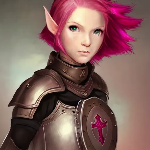 Prompt: beautiful, pink short haired, half elf woman, healer wearing cleric clothing and holding a shield, dungeons and dragons, character portrait, full face render, crimson eye color, illustration drawing, cell shaded, anime style 4 k, 8 k, hyper detailed, back lighting