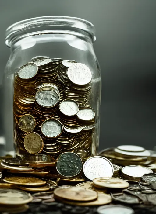 Prompt: crystal jar full of coins, dark, doom, obscure, high definition, high quality photo, 8k