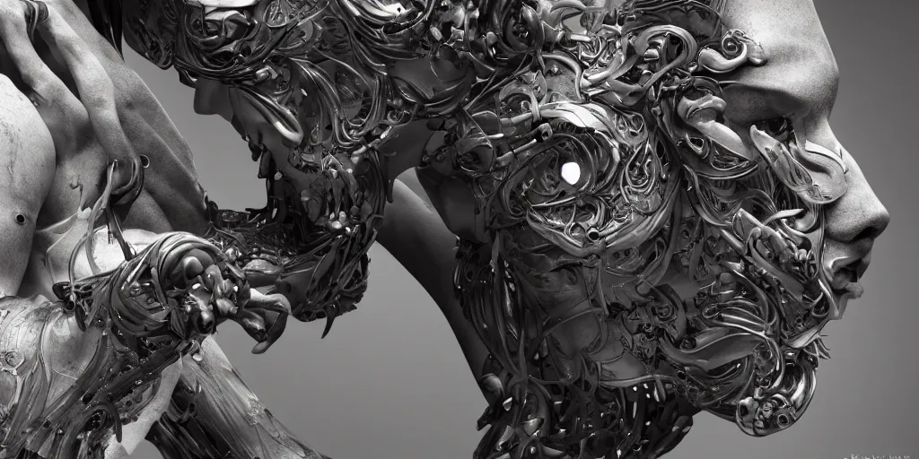 Image similar to hyper realistic photography of a stunningly beautiful cyborg male, elbow, plated, thy, intimate, holding close, in the style of beth cavener, jin kagetsu,, and wlop, highly detailed, intricate filigree,, masterpiece, award winning, sharp focus, concept art, ringflash lighting, ambient lighting, octane render, 8 k, artstation