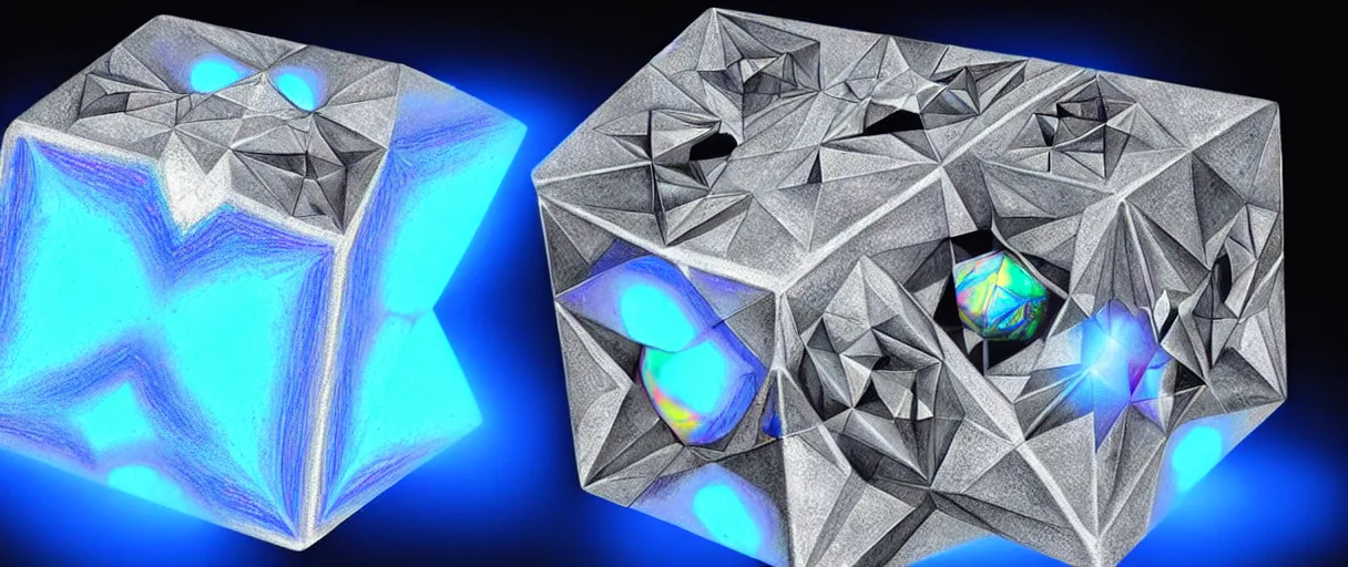 Image similar to hyperrealistic highly detailed Kepler's Platonic solid model sacred iridescent in motion escher dali matte painting dramatic blue lighting wide angle hd 8k sharp shallow depth of field