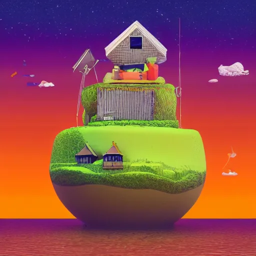 Image similar to a picture of a floating island with a house on it, an album cover by Justin Currie, polycount, plasticien, made of plastic, concert poster, made of trash