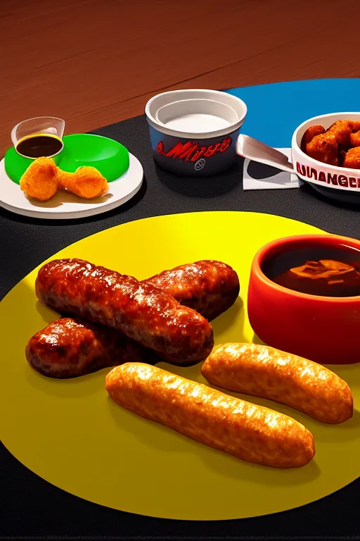 Image similar to nugget and sausage on plate, pop art, by mike swiderek, jorge lacera, ben lo, tyler west, ultrarealistic, sharp focus, rendered by unreal engine 3