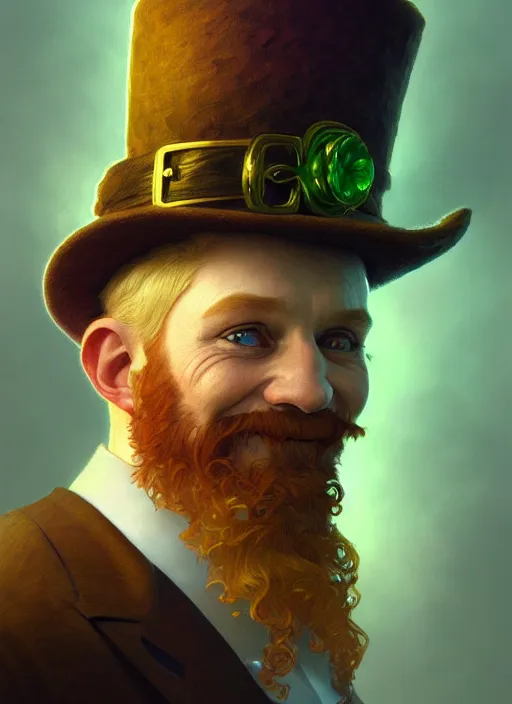 Image similar to portrait of leprechaun, intricate, elegant, highly detailed, digital painting, artstation, concept art, smooth, sharp focus, illustration, art by artgerm and greg rutkowski and alphonse mucha, 8 k