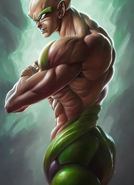 Image similar to Portrait of Cell (from dragon ball), D&D, muscular, fantasy, intricate, elegant, highly detailed, digital painting, artstation, concept art, smooth, sharp focus, illustration, art by artgerm and greg rutkowski and alphonse mucha