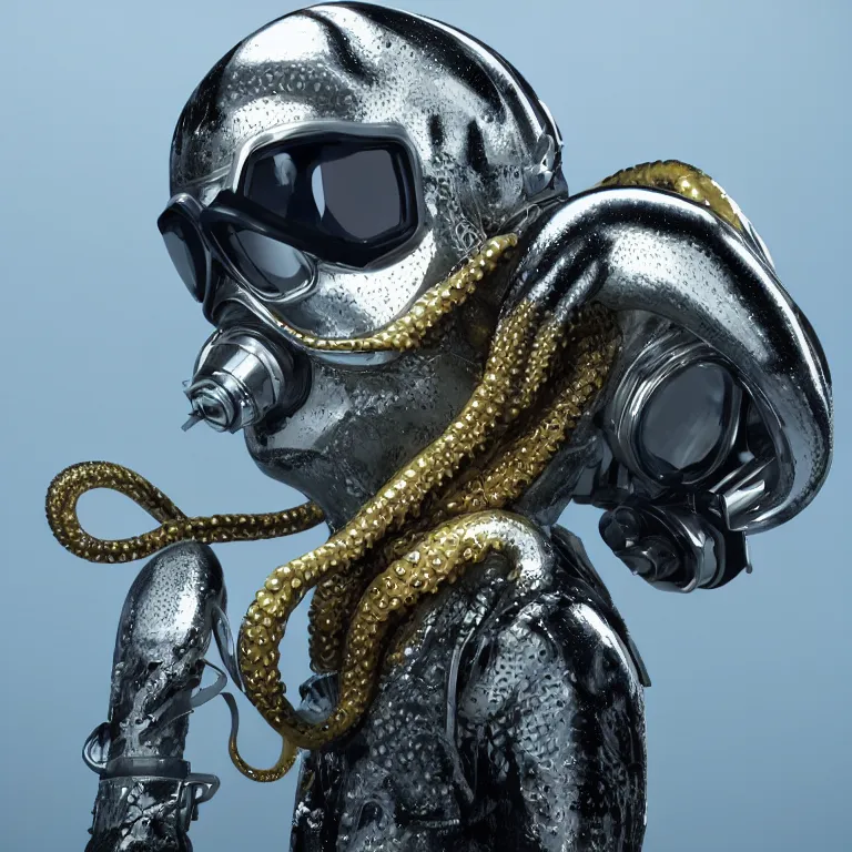 Image similar to octane render portrait by wayne barlow and carlo crivelli and glenn fabry, subject is a futuristic scuba diver with a shiny reflective silver metal helmet with colorful reflective goggles and covered in black ribbed rubber hoses, wrapped up in and completely covered by giant long shiny reflective golden octopus tentacles, cinema 4 d, ray traced lighting, very short depth of field, bokeh