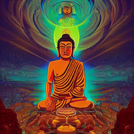 Prompt: the second coming of the buddah, by dan mumford and ross tran, cosmic, heavenly, god rays, intricate detail, cinematic, 8 k, cel shaded, unreal engine, featured on artstation, pixiv