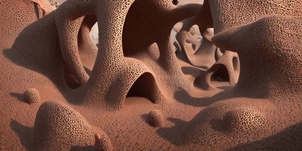 Prompt: of an arid australian desert with strange cute friendly creatures with huge eyes, mouth, long tongue and round teeth appearing from dirt, in the style of gehry and gaudi, macro lens, highly detailed, shallow depth of fielf, digital painting, trending artstation, concept art, illustration, cinematic lighting, vibrant colors, photorealism, epic, octane render