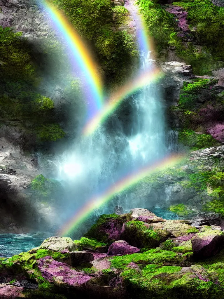 Prompt: digital illustration of waterfall cascading onto rocks, small rainbow emerging in background, ethereal, beautiful scenery, intricately meticulously detailed, amazing, glitter, 8 k render octane high definition