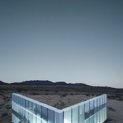 Prompt: optical illusion architecture in the desert at night, open space architecture, minimalistic architecture, neon light, james turrel,