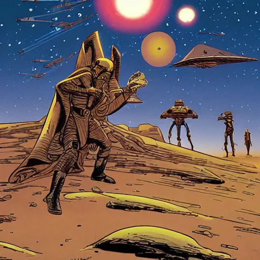 Prompt: Star Wars landscape in the style of comic artist Moebius