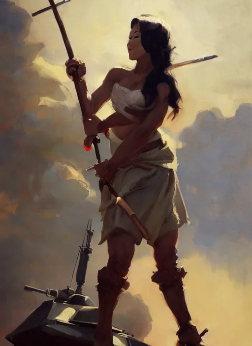 Image similar to greg manchess side portrait of a filipino fighter with a staff standing on a tank, organic painting, sunny day, matte painting, bold shapes, hard edges, street art, trending on artstation, by huang guangjian, gil elvgren, ruan jia, randy vargas, greg rutkowski