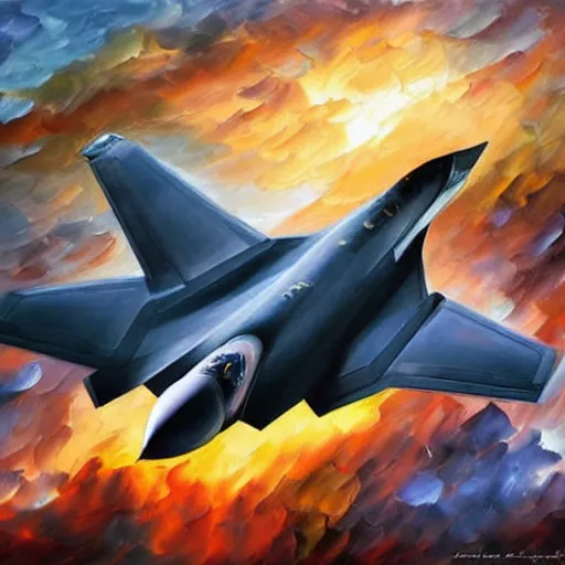 Prompt: f - 3 5 fighter jet by arthur adams, charlie bowater, leonid afremov, chiho ashima, karol bak, david bates, tom chambers