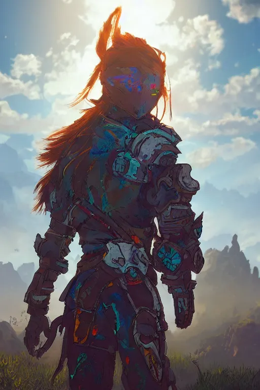 Image similar to combination suit armor aloy horizon forbidden west horizon zero dawn radiating a glowing aura global illumination ray tracing hdr fanart arstation by ian pesty and alena aenami artworks in 4 k tribal robot ninja mask helmet backpack