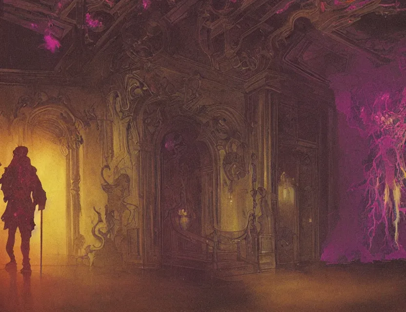 Prompt: a silhouette of a supernatural being in a baroque neoclassicist halls overgrown with colorful otherworldly technology. close - up view, detailed textures. glowing purple fog, dark black background. highly detailed fantasy science fiction painting by moebius, norman rockwell, frank frazetta, and syd mead. rich colors, high contrast