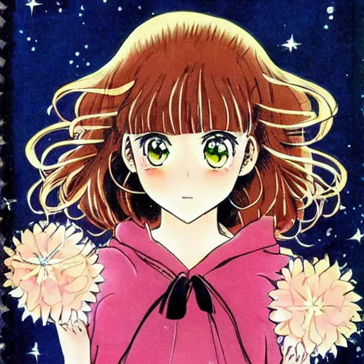 Image similar to a shoujo manga cover with a girl with big sparkly eyes and brown curly hair, in the style of naoko takeuchi ( 1 9 8 0 s )