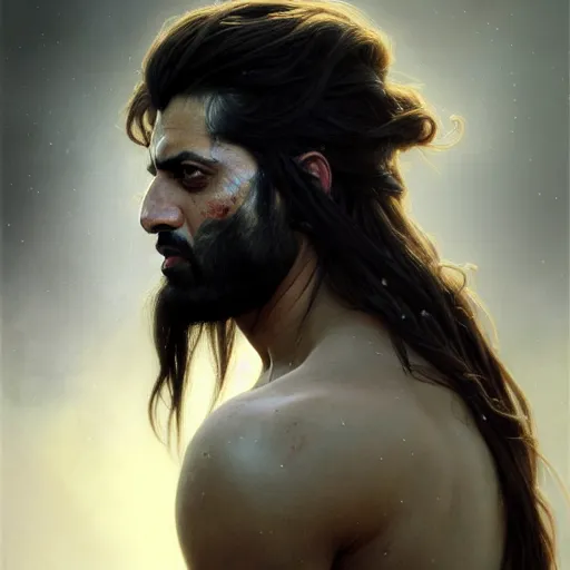 Prompt: portrait painting of a middle - eastern man with shoulder length hair and a tough expression wearing a tattered feather cloak, ultra realistic, concept art, intricate details, eerie, highly detailed, photorealistic, octane render, 8 k, unreal engine. art by artgerm and greg rutkowski and charlie bowater and magali villeneuve and alphonse mucha