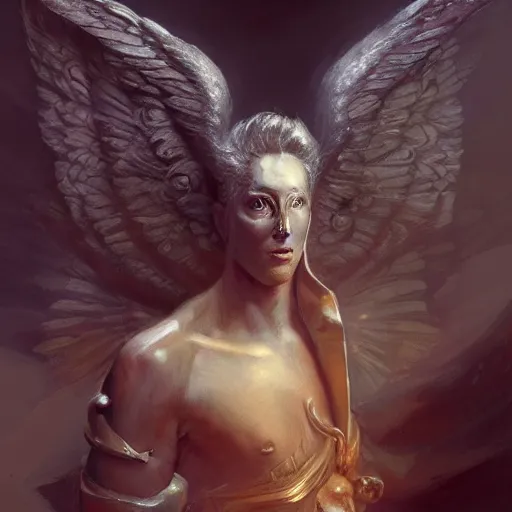 Image similar to full body shot of a male god with wings on his shoulder, highly detailed, by raymond swanland and peter mohrbacher, face by odd nerdrum, character concept art, hyperrealistic, digital paint, rule of third, fantasy, elegant, matte, 4 k, cinematic lighting