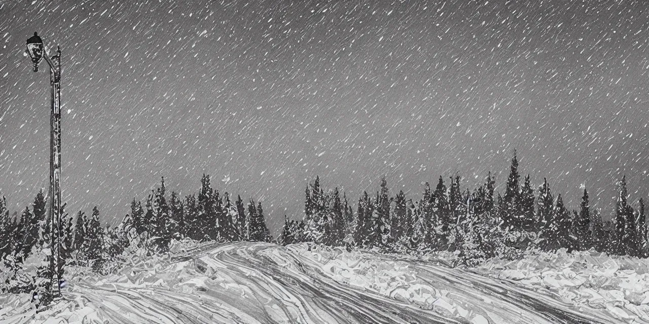 Prompt: laurentian appalachian mountains during winter, original and creative black ink landscape artwork, snowy night, streetlamps, interesting textures