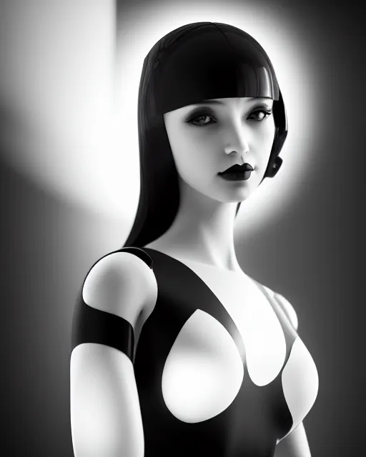 Image similar to black and white dreamy young beautiful female artificial intelligence, cinematic, rim light, photo - realistic, elegant, high detail, 8 k, masterpiece, photo taken in 1 9 3 0