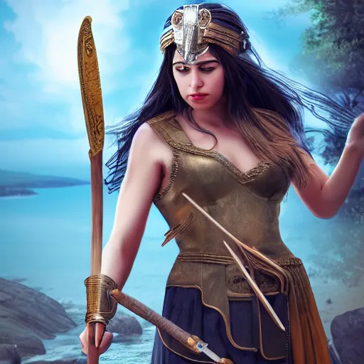 Image similar to Greek goddess Athena fighting with stupidity, realistic person, spear in the right hand, long hair, natural look, hyper realistic, highly detailed, 4k, battle landscape