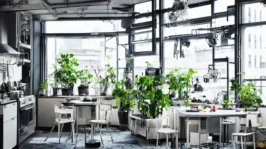 Image similar to Ikea catalogue photo, high end technological cyberpunk house style kitchen, various lush plant life, iridescent flooring, riveted steel furniture, cityscape in the window