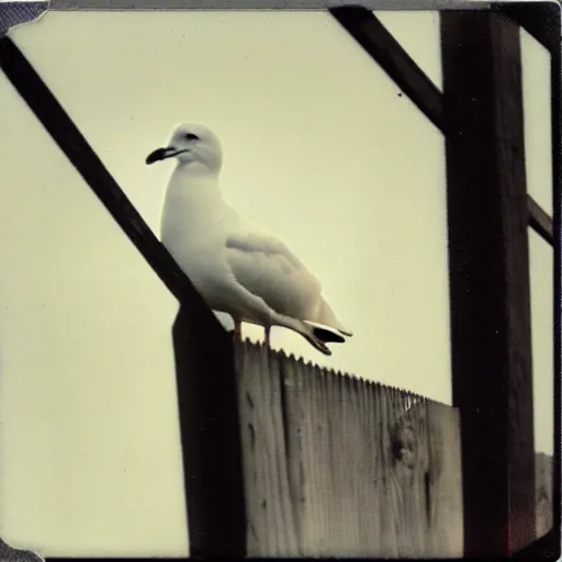 Image similar to photo polaroid of a seagull sitting on top of fence, Norman Rockwell