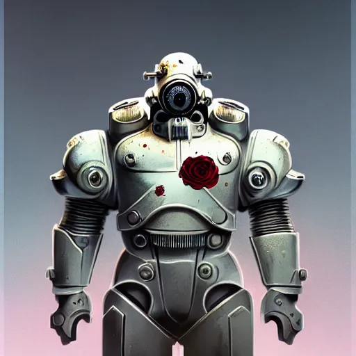 Image similar to perfectly - centered!! looking at the camera!!! low - angle!! full body portrait of fallout brotherhood in white power armor with roses, intricate abstract helmet intricate artwork, by tooth wu, wlop, beeple, dan mumford. concept art, octane render, deviantart, greg rutkowski, cinematic arthouse, key art, hyper realism, iridescent accents