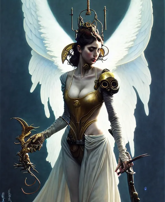 Image similar to beautiful fantasy character portrait, ana de armas, ultra realistic, wide angle, intricate details, the fifth element artifacts, highly detailed by peter mohrbacher, hajime sorayama, wayne barlowe, boris vallejo, paolo eleuteri serpieri, dishonored 2, white gown, angel wings