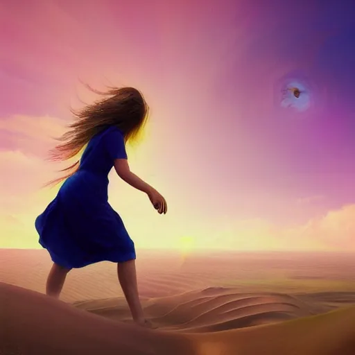 Image similar to closeup giant dahlia flower over head, girl walking between dunes, surreal photography, sunrise, blue sky, dramatic light, impressionist painting, digital painting, artstation, simon stalenhag