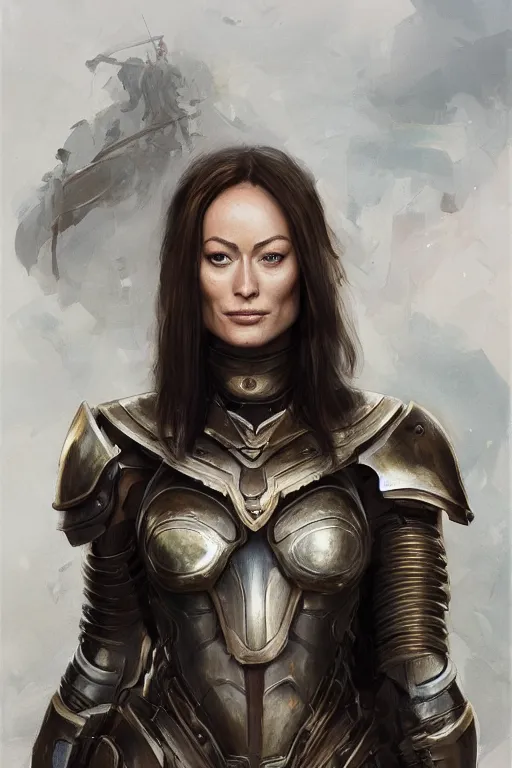 Prompt: a professionally painted portrait of Olivia Wilde, clothed in ancient battle armor, olive skin, long dark hair, beautiful bone structure, symmetrical facial features, intricate, elegant, digital painting, trending on Artstation, concept art, smooth, sharp focus, illustration, from Metal Gear by Ruan Jia and Mandy Jurgens and Artgerm and and william-adolphe bouguerea, award winning